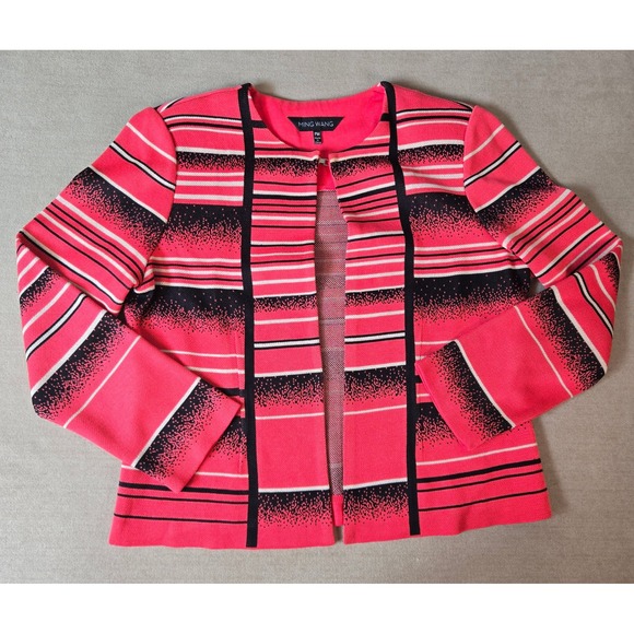 Ming Wang Jackets & Blazers - Ming Wang PM Petite Med Coral Pink Black Knit Jacket Open Front Career‎